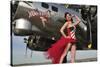 Beautiful 1940's Style Pin-Up Girl Standing under a B-17 Bomber-null-Stretched Canvas