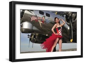 Beautiful 1940's Style Pin-Up Girl Standing under a B-17 Bomber-null-Framed Premium Photographic Print