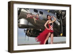 Beautiful 1940's Style Pin-Up Girl Standing under a B-17 Bomber-null-Framed Photographic Print