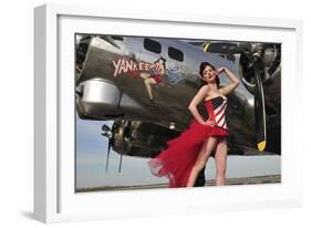 Beautiful 1940's Style Pin-Up Girl Standing under a B-17 Bomber-null-Framed Photographic Print