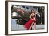 Beautiful 1940's Style Pin-Up Girl Standing under a B-17 Bomber-null-Framed Photographic Print