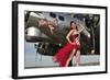 Beautiful 1940's Style Pin-Up Girl Standing under a B-17 Bomber-null-Framed Photographic Print