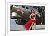 Beautiful 1940's Style Pin-Up Girl Standing under a B-17 Bomber-null-Framed Photographic Print