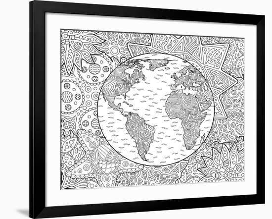 Beautiful Adult Coloring Book Page with Stylized Planet Earth-null-Framed Art Print