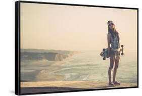 Beautiful And Fashion Young Woman Posing With A Skateboard-iko-Framed Stretched Canvas