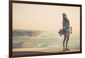 Beautiful And Fashion Young Woman Posing With A Skateboard-iko-Framed Art Print