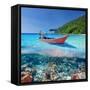 Beautiful Beach and Motor Boat with Coral Reef Bottom Underwater and above Water Split View-haveseen-Framed Stretched Canvas