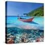 Beautiful Beach and Motor Boat with Coral Reef Bottom Underwater and above Water Split View-haveseen-Stretched Canvas