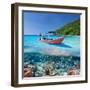 Beautiful Beach and Motor Boat with Coral Reef Bottom Underwater and above Water Split View-haveseen-Framed Photographic Print