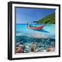 Beautiful Beach and Motor Boat with Coral Reef Bottom Underwater and above Water Split View-haveseen-Framed Photographic Print