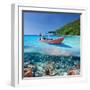 Beautiful Beach and Motor Boat with Coral Reef Bottom Underwater and above Water Split View-haveseen-Framed Photographic Print