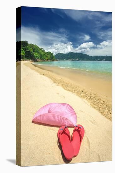 Beautiful Beach Landscape with Hat and Flip-Flops in Thailand-haveseen-Stretched Canvas