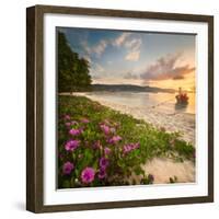 Beautiful Beach with Colorful Flowers and Longtail Boat on the Sea. Thailand-Hanna Slavinska-Framed Photographic Print