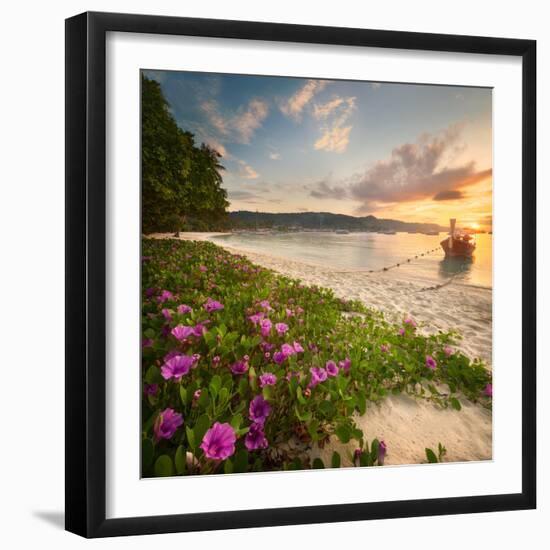 Beautiful Beach with Colorful Flowers and Longtail Boat on the Sea. Thailand-Hanna Slavinska-Framed Photographic Print