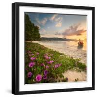 Beautiful Beach with Colorful Flowers and Longtail Boat on the Sea. Thailand-Hanna Slavinska-Framed Photographic Print