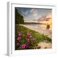 Beautiful Beach with Colorful Flowers and Longtail Boat on the Sea. Thailand-Hanna Slavinska-Framed Photographic Print