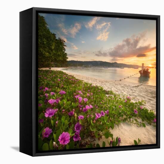 Beautiful Beach with Colorful Flowers and Longtail Boat on the Sea. Thailand-Hanna Slavinska-Framed Stretched Canvas