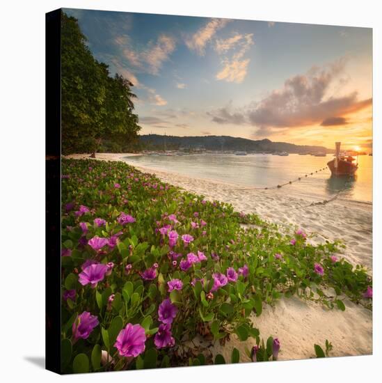 Beautiful Beach with Colorful Flowers and Longtail Boat on the Sea. Thailand-Hanna Slavinska-Stretched Canvas