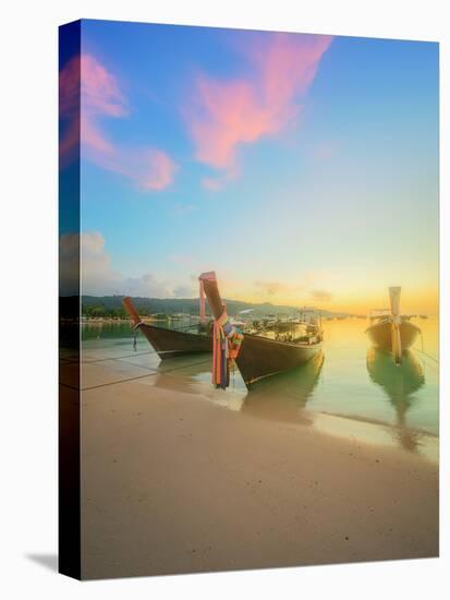 Beautiful Beach with River and Colorful Sky at Sunrise or Sunset, Thailand-Hanna Slavinska-Stretched Canvas