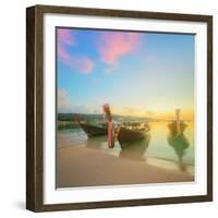 Beautiful Beach with River and Colorful Sky at Sunrise or Sunset, Thailand-Hanna Slavinska-Framed Photographic Print