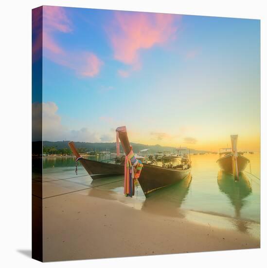 Beautiful Beach with River and Colorful Sky at Sunrise or Sunset, Thailand-Hanna Slavinska-Stretched Canvas