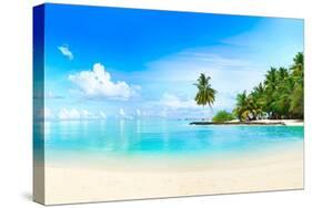 Beautiful Beach with White Sand, Turquoise Ocean, Green Palm Trees and Blue Sky with Clouds on Sunn-LedyX-Stretched Canvas