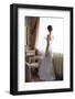 Beautiful Bride in White Wedding Dress Standing in Her Bedroom and Looking in Window-Malyugin-Framed Photographic Print