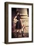 Beautiful Brunette Standing near Her Old Bicycle over City Background. Retro Style.-prometeus-Framed Photographic Print