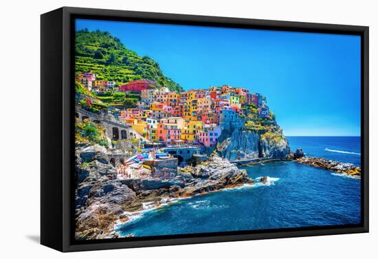 Beautiful Colorful Cityscape on the Mountains over Mediterranean Sea, Europe, Cinque Terre, Traditi-Anna Om-Framed Stretched Canvas