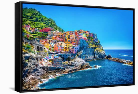 Beautiful Colorful Cityscape on the Mountains over Mediterranean Sea, Europe, Cinque Terre, Traditi-Anna Om-Framed Stretched Canvas