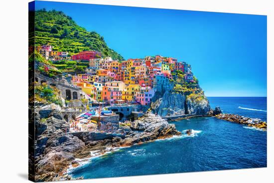 Beautiful Colorful Cityscape on the Mountains over Mediterranean Sea, Europe, Cinque Terre, Traditi-Anna Om-Stretched Canvas