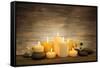 Beautiful Composition with Candles and Spa Stones on Wooden Background-Yastremska-Framed Stretched Canvas