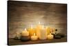 Beautiful Composition with Candles and Spa Stones on Wooden Background-Yastremska-Stretched Canvas