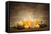 Beautiful Composition with Candles and Spa Stones on Wooden Background-Yastremska-Framed Stretched Canvas