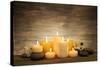 Beautiful Composition with Candles and Spa Stones on Wooden Background-Yastremska-Stretched Canvas