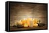 Beautiful Composition with Candles and Spa Stones on Wooden Background-Yastremska-Framed Stretched Canvas