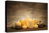 Beautiful Composition with Candles and Spa Stones on Wooden Background-Yastremska-Stretched Canvas