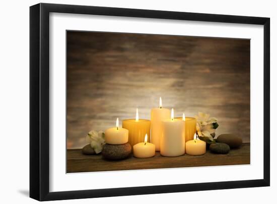 Beautiful Composition with Candles and Spa Stones on Wooden Background-Yastremska-Framed Photographic Print