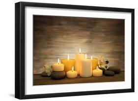 Beautiful Composition with Candles and Spa Stones on Wooden Background-Yastremska-Framed Photographic Print