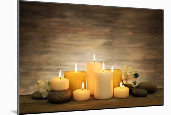 Beautiful Composition with Candles and Spa Stones on Wooden Background-Yastremska-Mounted Photographic Print