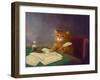 Beautiful Cute Ginger Tabby Cat Sitting at the Table and Writing a Letter with a Pen. Painting in T-Elena Medvedeva-Framed Photographic Print