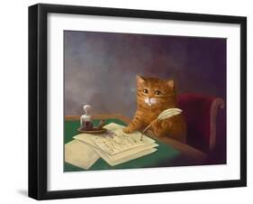 Beautiful Cute Ginger Tabby Cat Sitting at the Table and Writing a Letter with a Pen. Painting in T-Elena Medvedeva-Framed Photographic Print