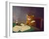 Beautiful Cute Ginger Tabby Cat Sitting at the Table and Writing a Letter with a Pen. Painting in T-Elena Medvedeva-Framed Photographic Print