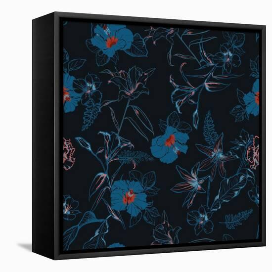 Beautiful Dark Forest in Hand Drawn Line Sketch Flowers Lilly Mix with Hibiscus and Many Kind of Fl-MSNTY-Framed Stretched Canvas