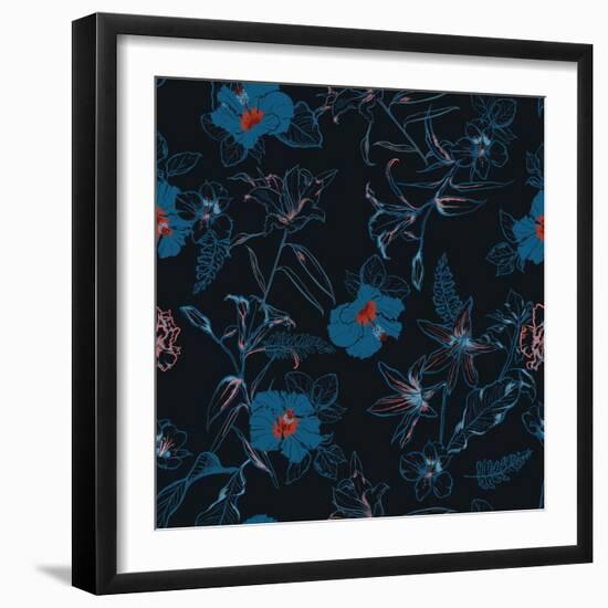 Beautiful Dark Forest in Hand Drawn Line Sketch Flowers Lilly Mix with Hibiscus and Many Kind of Fl-MSNTY-Framed Art Print