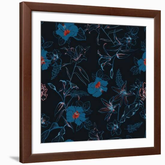 Beautiful Dark Forest in Hand Drawn Line Sketch Flowers Lilly Mix with Hibiscus and Many Kind of Fl-MSNTY-Framed Art Print