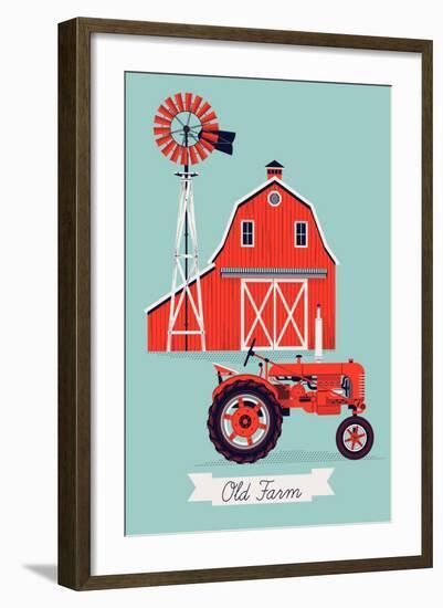 Beautiful Detailed Vector Poster or Web Banner Template on Old Farm with Classic Red Wooden Barn, W-Mascha Tace-Framed Art Print