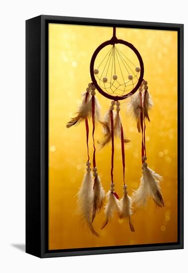 Beautiful Dream Catcher On Yellow Background With Lights-Yastremska-Framed Stretched Canvas