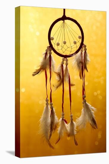 Beautiful Dream Catcher On Yellow Background With Lights-Yastremska-Stretched Canvas