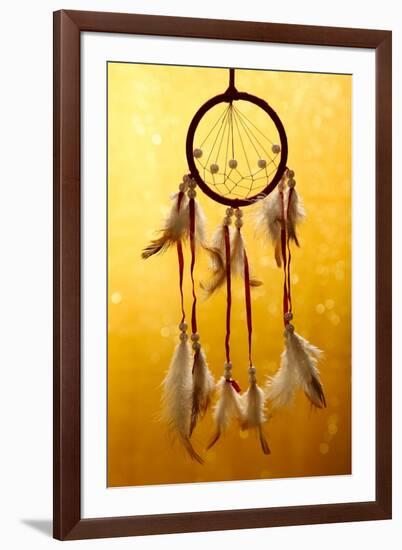 Beautiful Dream Catcher On Yellow Background With Lights-Yastremska-Framed Art Print